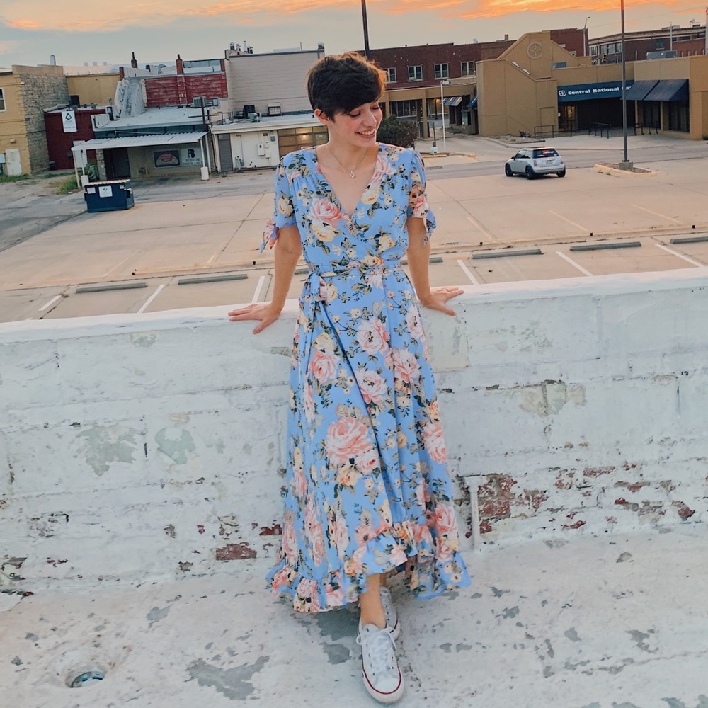 Light blue floral wrap maxi dress